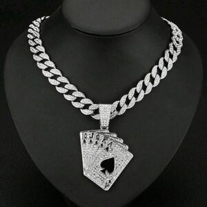 Hip Hop Iced Out Fully Rhinestone Silver Card Pendant & Cuban Chain Necklace 20"